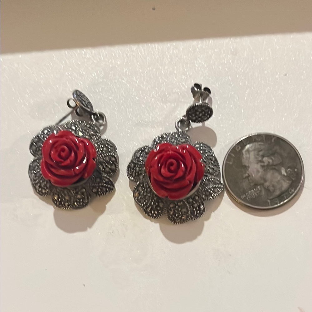 Rose Red .925 Marcasite Silver Earrings